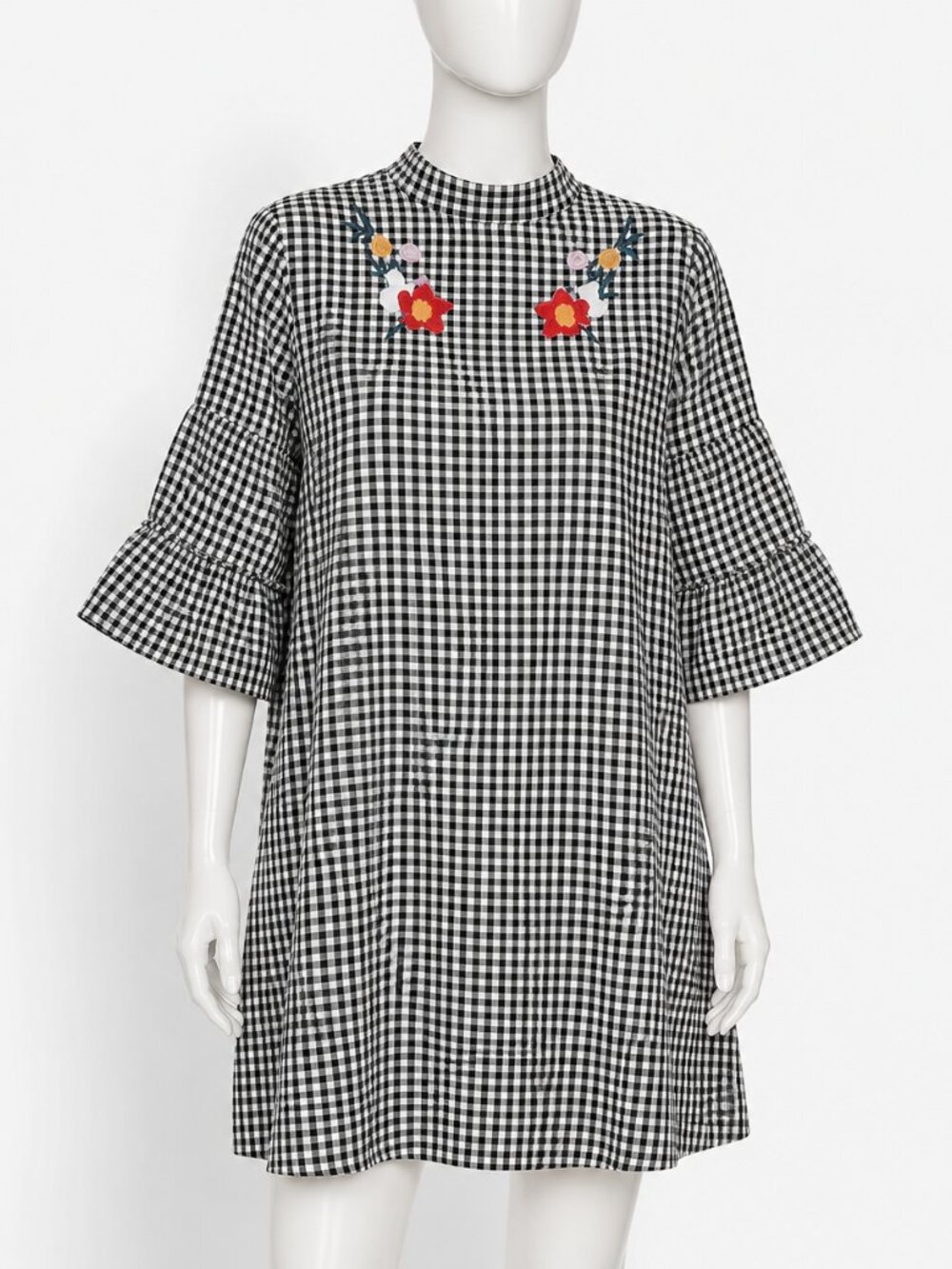 Boohoo Gingham Embroidered Floral Ruffle Puff Sleeve Mini Dress US-4 Cottagecore